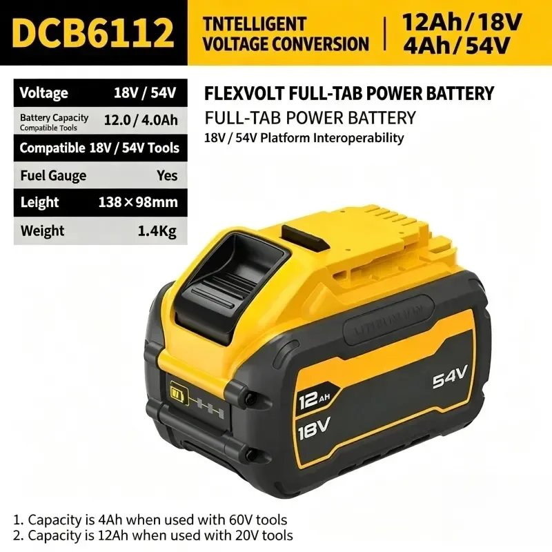 Original Full‑tab Power Lithium‑ion Battery DCB6112 For DeWalt Power Tools 18V-12Ah Intelligent Variable‑Voltage 54V‑4Ah