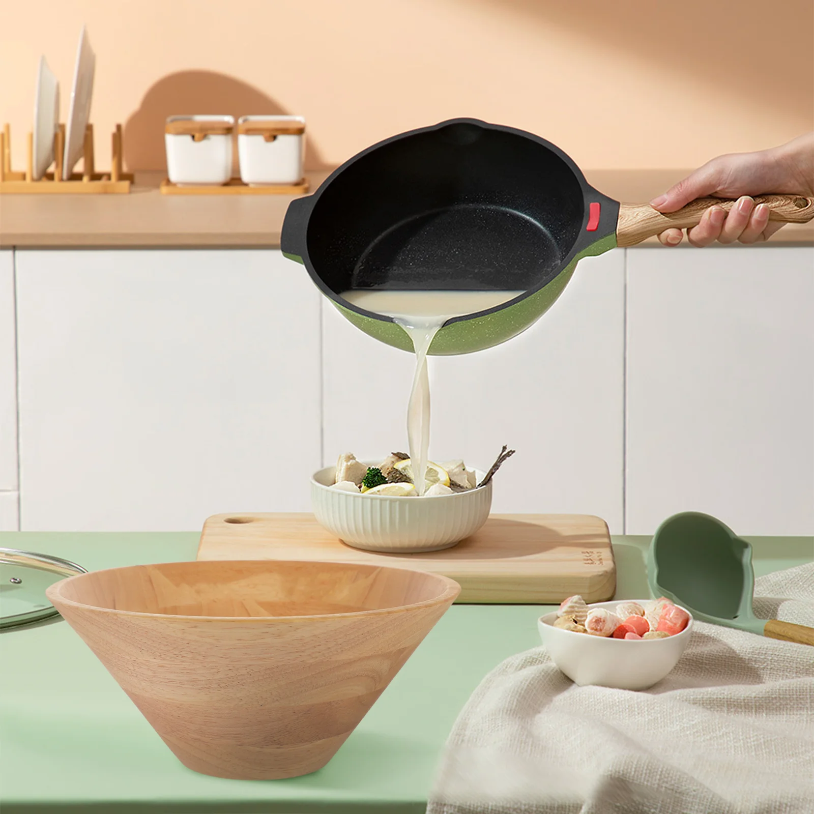 Filles à salade rond en bois de caoutchouc, petits bols à soupe, service en bois, cône Assad en forme de riz et de fruits