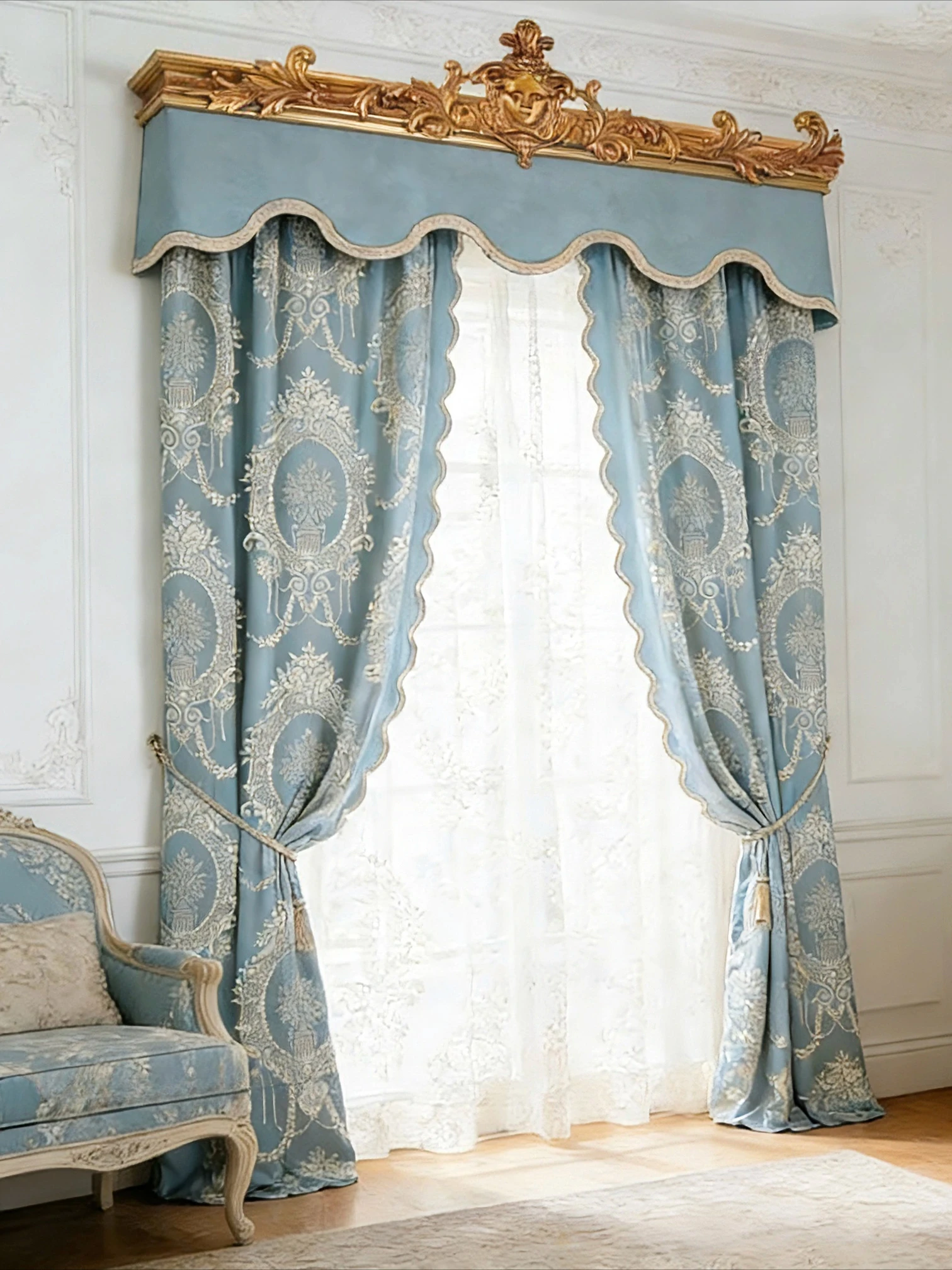 New Retro European Flower Blue Gray Jacquard Curtains for Living Room Bedroom Study Partition Curtains Villa Customization
