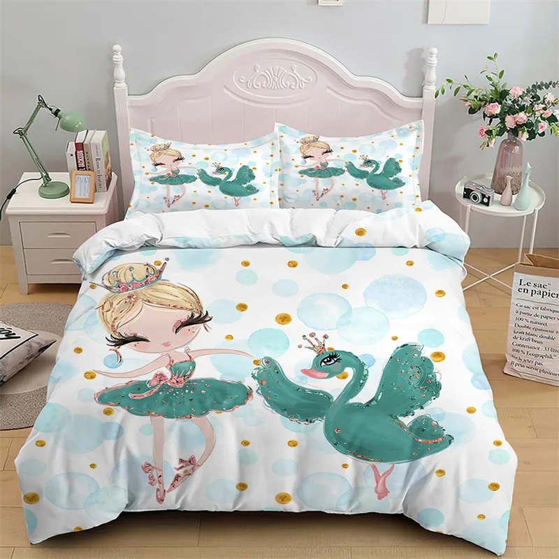 

Cartoon Ballet Dancing Girl Bedding Set Queen Size Princess Style Nordic Print Duvet Cover With Pillowcases For Girls Kids Teen