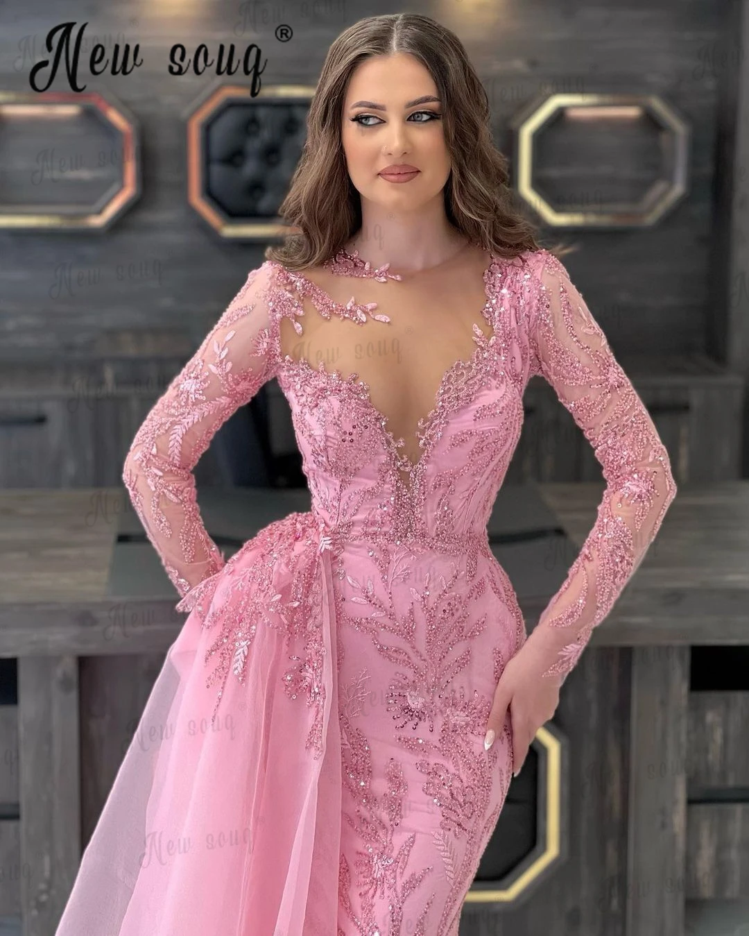 Plus Size Pink Evening Dresses Women 2023 Beaded Long Sleeves Formal Occasion Dresses Middle East Wedding Party Dresses Robes