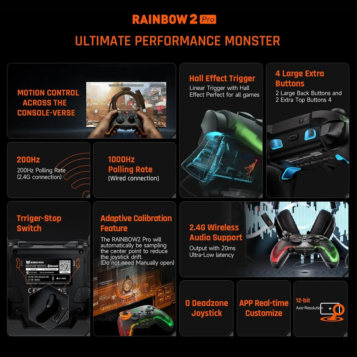 BIGBIG WON Rainbow 2 Pro Wireless Controller - Hall Effect Triggers, 2.4G/Bluetooth, Multi-Platform