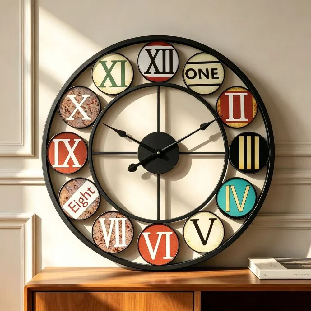 Retro Iron Metal Wall Clock 16 Inch Roman Numeral Silent Non Ticking Wall Clock for Living Room Bedroom Cafe Home Decoration