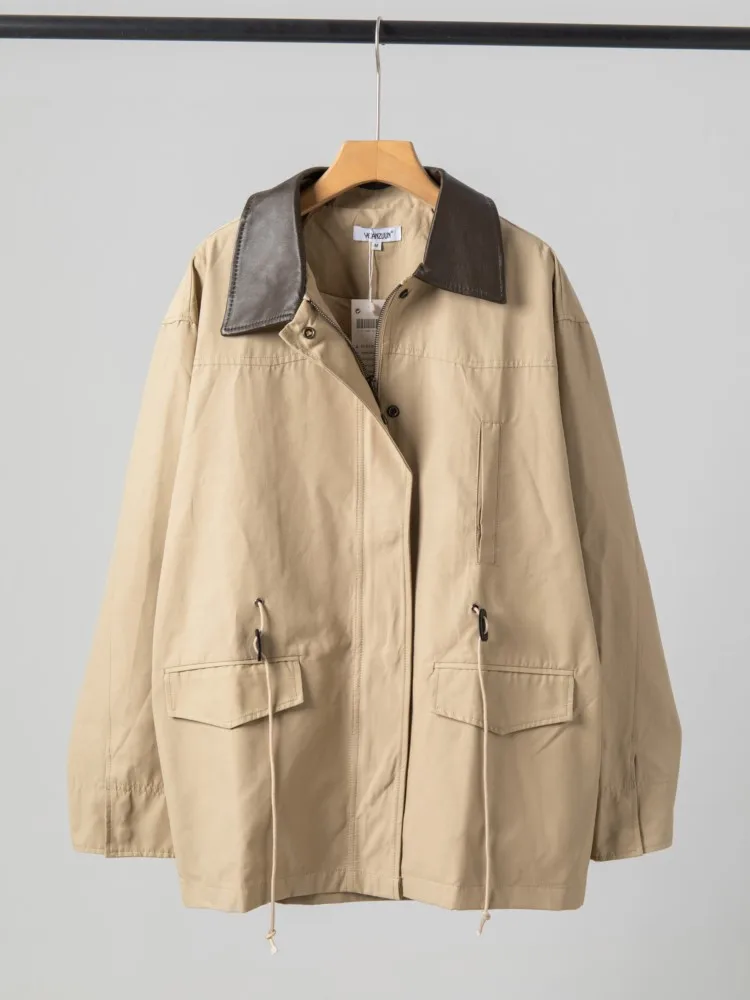 

Ретро-тренч, женская куртка цвета хаки, шикарная повседневная лоскутная свободная ветровка на молнии с отложным воротником, новинка 2023 года, осень