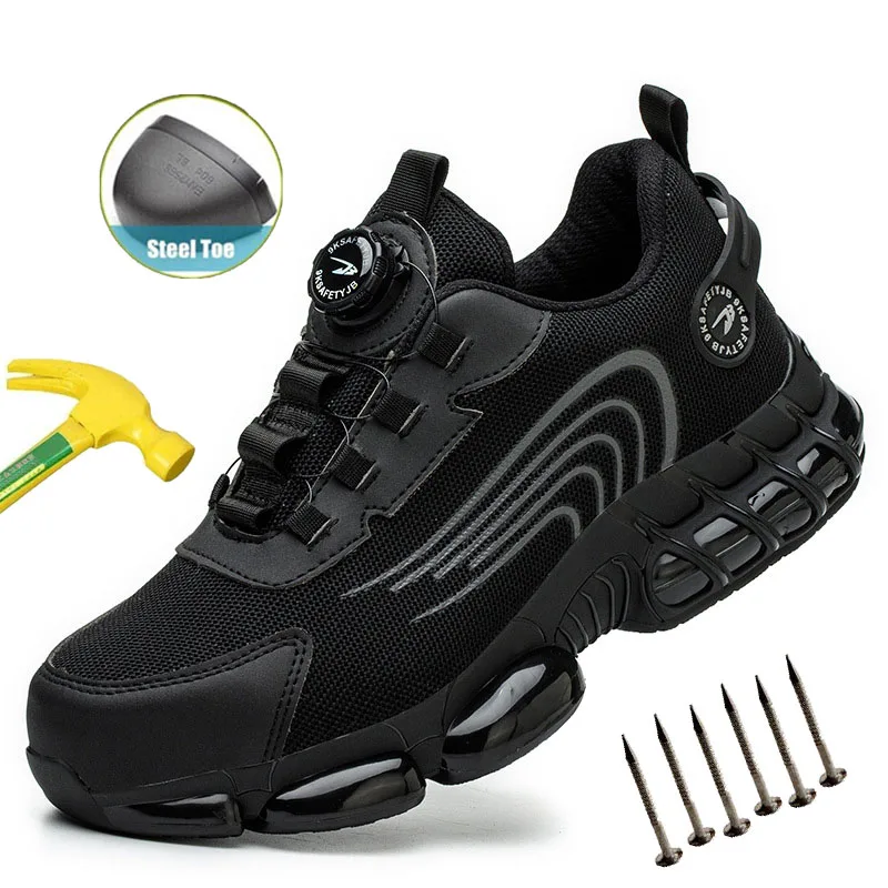 Rotary Buckle Air Cushion Safety Shoes for Men Anti Smash Anti Piercing Anti Slip Work Shoes Workwear Breathable Safety Sneakers