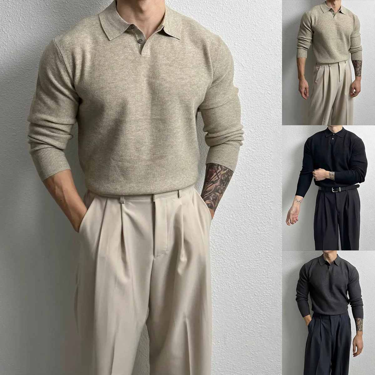 Gent Spring Autumn Turn-down Collar Polo Shirt Boys Slim Fit Long Sleeve Knitted Sweater Men Soft  Sweater Student Casual Jacket