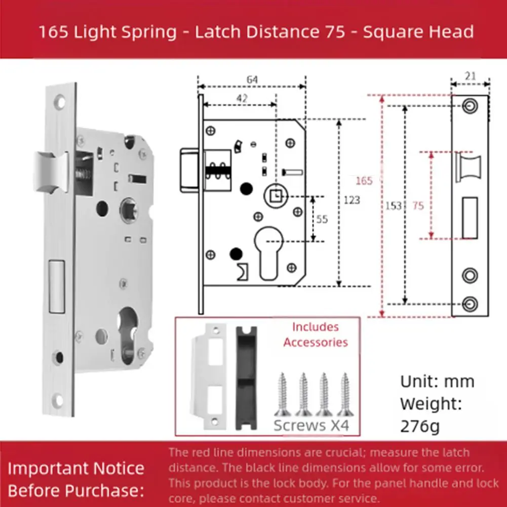 Silver finish light spring door lock body with guide pin for smooth installation compatible with bedroom and room doors
