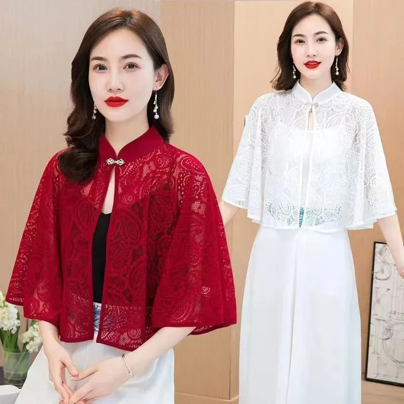 

Lace Sunscreen Shawl Women Summer Matching Skirt Mother Cloak Short Shawl Cheongsam Cardigan Jacket Women's Lace Tops White