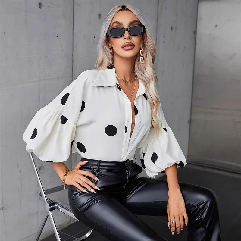 

Women's Polka Dot Printed Loose Casual Blouse Top Single Breasted 3/4 Long Puff Sleeve Boho Lapel White Shirts Summer Fashion