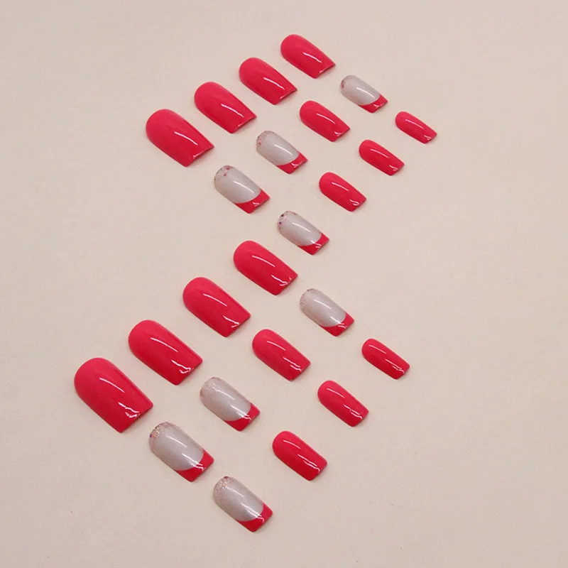 24 stuks Franse opdruknagels - massief magenta met glitter Ombré-tips medium balletvorm Ins-luxe stijl