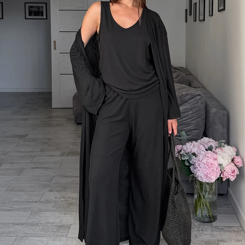 HiLoc Beige Casual Knitted Elastic Pajamas 3-Piece Long Sleeve Robe Sleeveless O-Neck Vest Top Elastic Waist Full Length Pants
