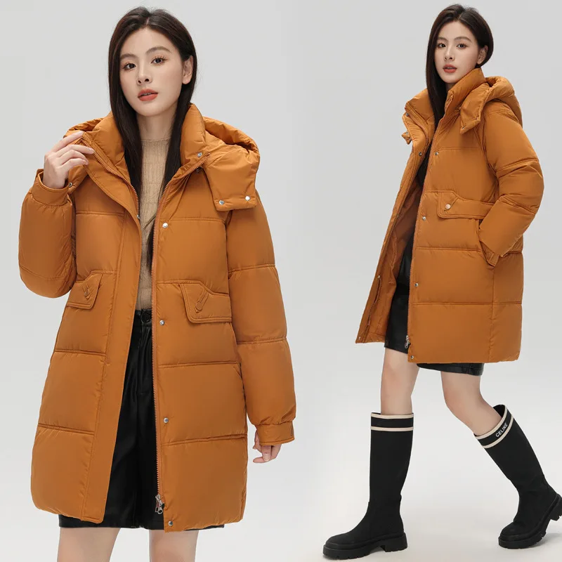 

Women Hooded Parkas Coats Mid Length Solid Jackets Pocket Zipper Long Sleeves Thick Loose Fit Office Lady Casual 2025 Winter