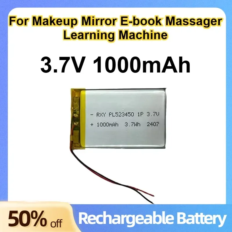 523450 Polymer Lithium Battery 3.7V 1000mAh for Makeup Mirror E-book Massager Learning Machine Rechargeable Soft Pack Battery