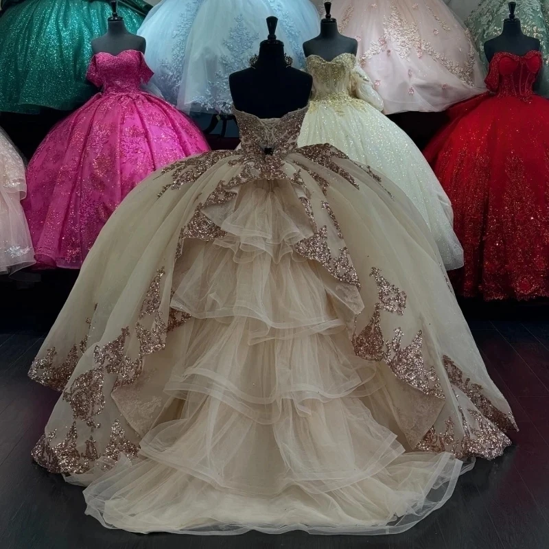 Abiti da Quinceanera lucidi Champagne per dolce 16 abito da principessa Applique pizzo perline Tull festa di compleanno abiti da ballo Vestido De