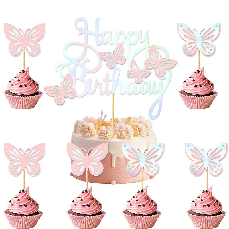 Birthday Cake Topper Pink Gold Hollow Double-Layer Butterfly Card Set Happy Birthady Party Decoration Supplies