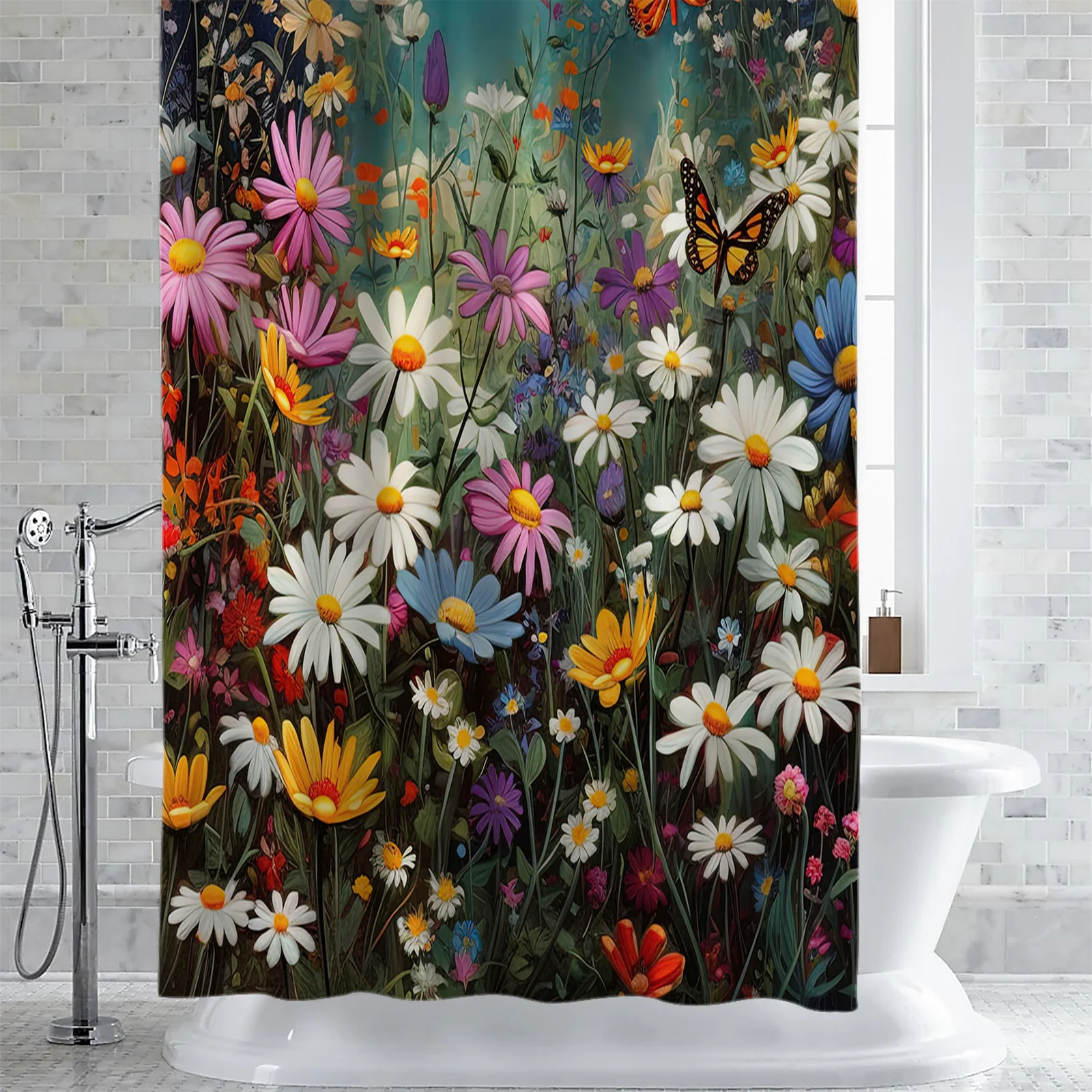 Daisy Flower Butterfly Bushes Shower Curtains Waterproof Bath Curtains Home Decor Modern Luxury Bathroom Curtain