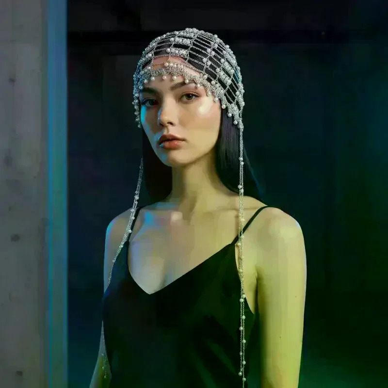 Women Handmade Hollow Pullover Beaded Chain Hat Summer Lightweight Stylish for Daily Walking and Cafe Outings