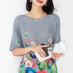 Miyake Pleated T-shirt Women's 2023 Summer New High-end Temperament Printing Loose Loose Hundred with Thin Fashion Tops