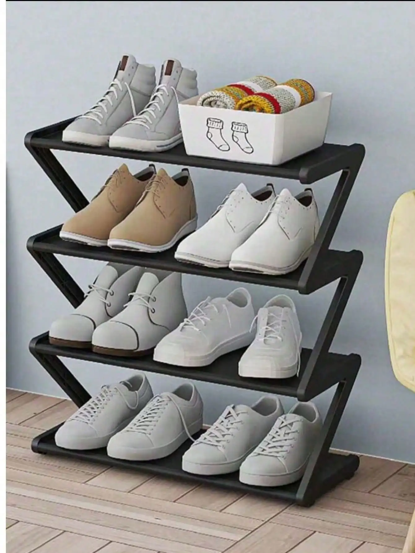 Étagère à chaussures en plastique rose en forme de Z à 4 niveaux: organisateur empilable sans outil pour un rangement peu encombrant pour la maison/dortoir