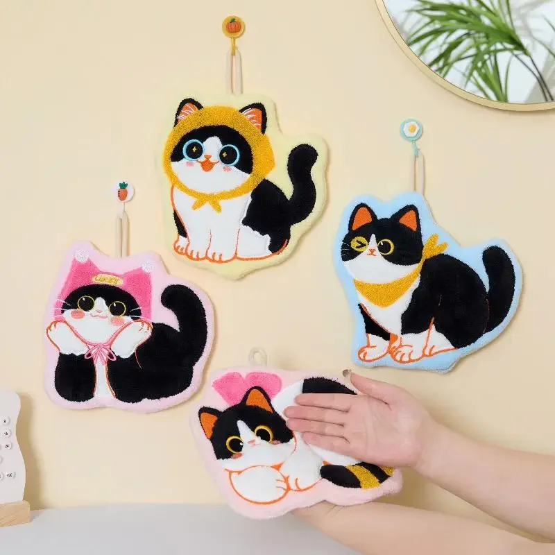 

Мультяшное коралловое бархатное полотенце для рук для кухни Kawaii Cat, салфетка для чистки рук, подвесное полотенце для ванной комнаты, впитывающая чистая тряпка