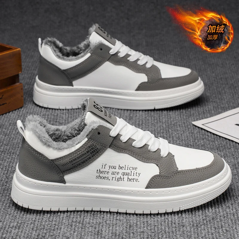 

Plush Leather Board Shoes Men Skateboard Fleece-Lined Loafers Man Sport Casual Sneakers Mens Lace Up Flats Fur Male Skate Shoes