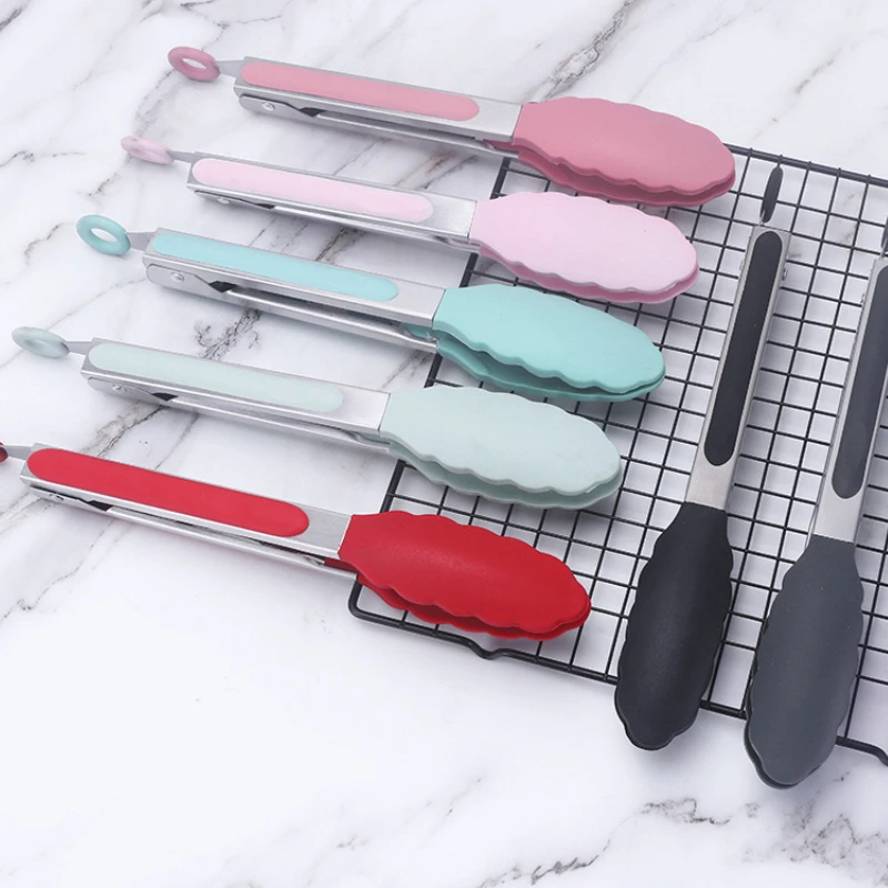 7/9/12 Inch Silicone Food Tong Stainless Steel Tongs Silicone Non-slip Cooking Clamp BBQ Salad Tools Grill Kitchen Accessories