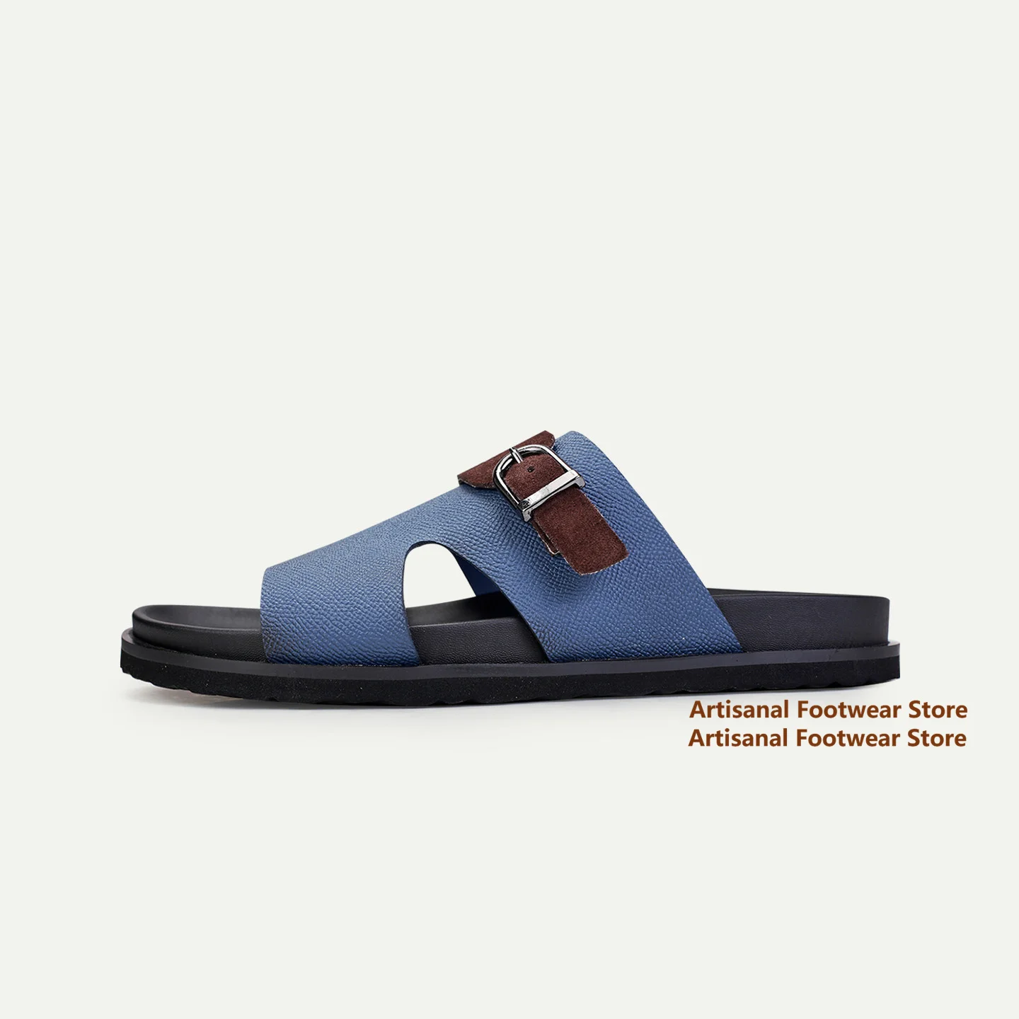 Men's Open Toe Slippers Adjustable Buckle Strap Two Tone Leather Flat Slippers Outdoor Casual Shoes Summer Beach Sandals