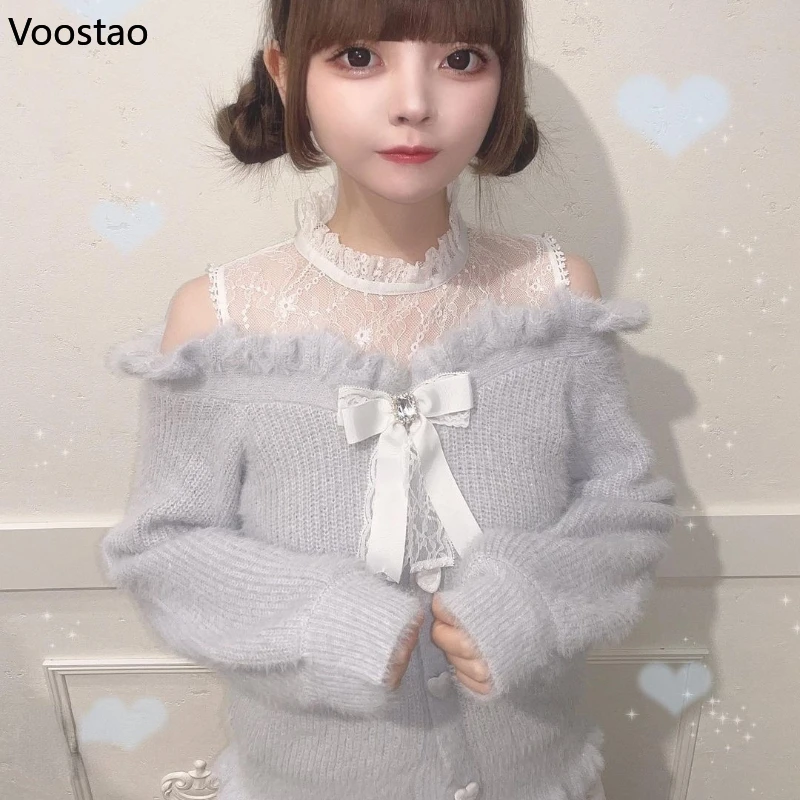 Autumn Winter Sweet Lolita Pullovers Women Off Shoulder Bow Sweaters Female Elegant Long Sleeve Knitwear Harajuku Bow Lace Tops