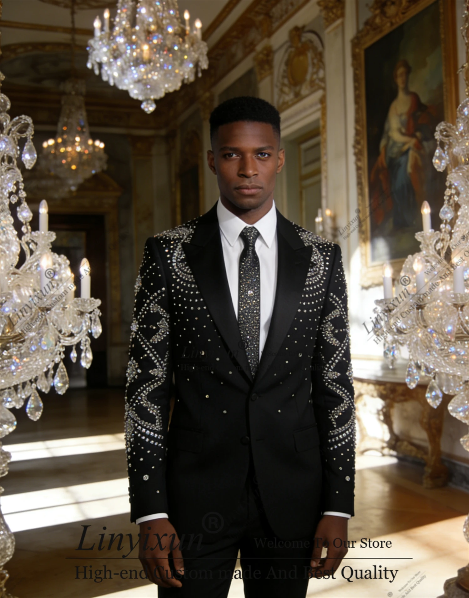 

Shiny Rhinestones Diamond Men Suits Customized Ropa Hombre Peaked Lapel Groom Tuxedos 2 Pieces Sets Male Party Prom Blazer