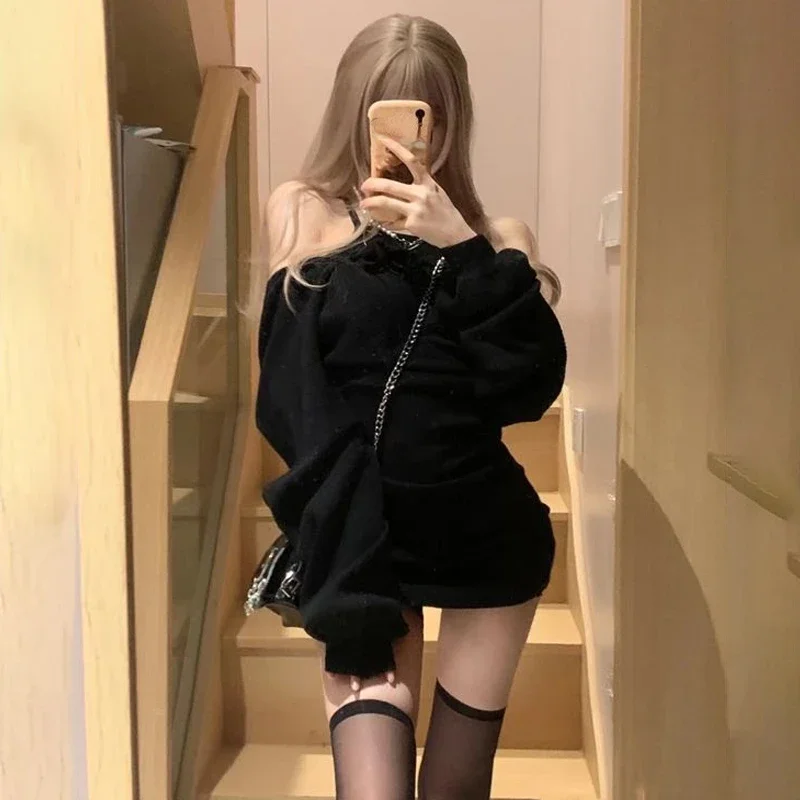 2024 Spring Casual Knitted Dress Women Long Sleeve Y2k Clothing Bodycon Black Mini Dress Office Lady Party One Piece Dress Korea