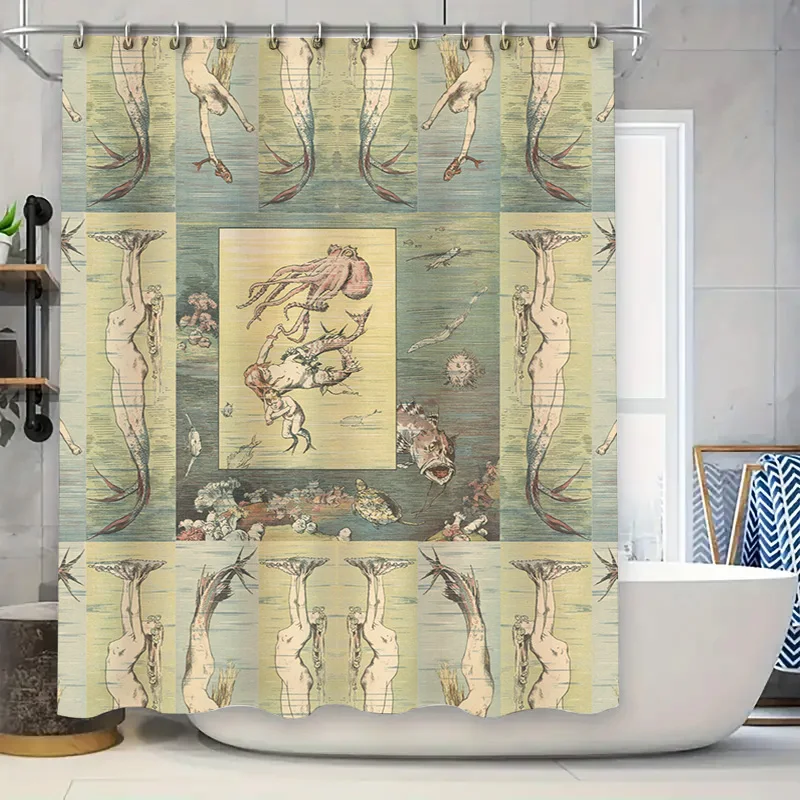 

Винтажная занавеска для душа в виде осьминога с иллюстрациями русалки для декора ванной комнаты, товары для дома, разноцветный размер 69x70 (LW-218)
