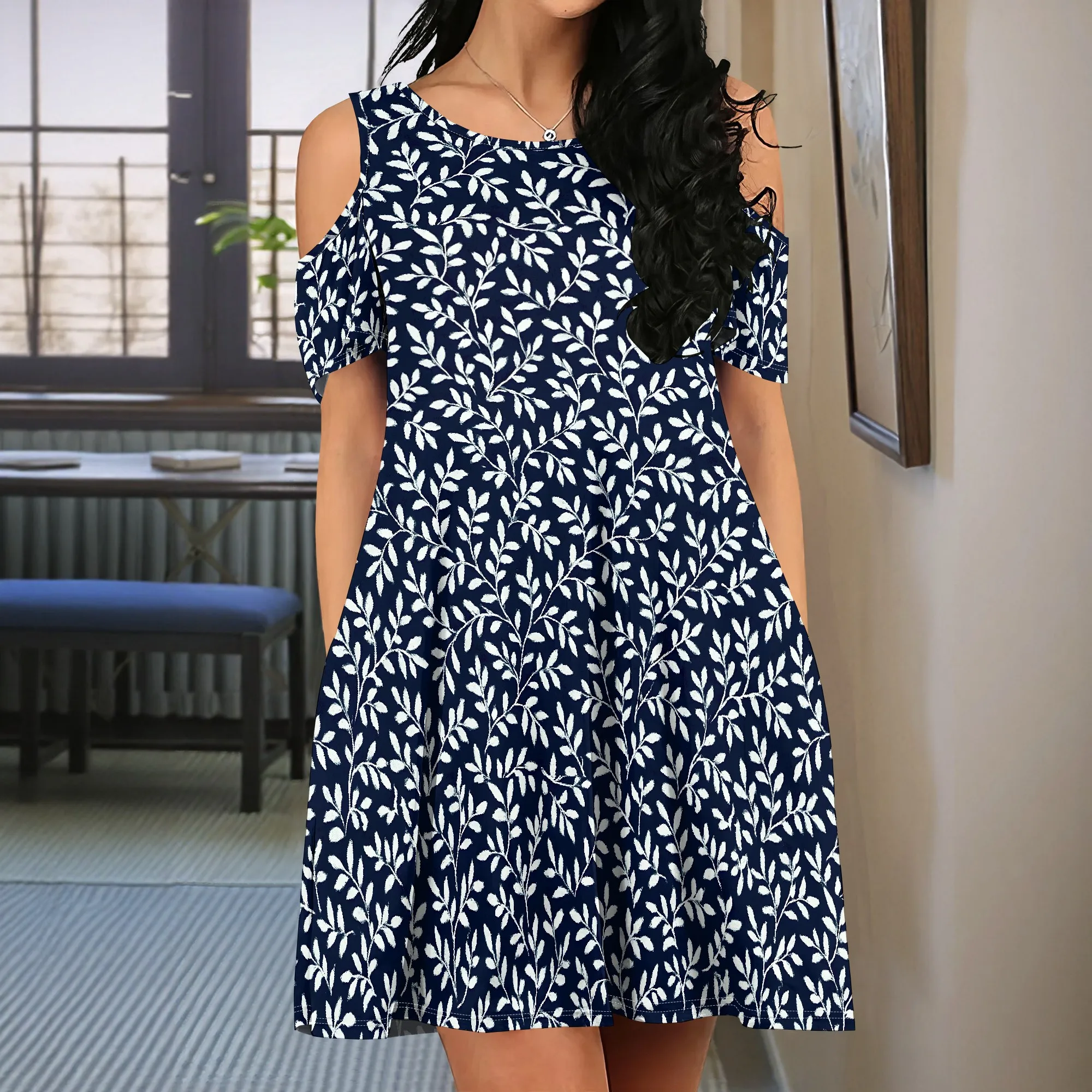 

Women Cold Shoulder Dress Floral Printed Short Sleeve Sundress with Pocket