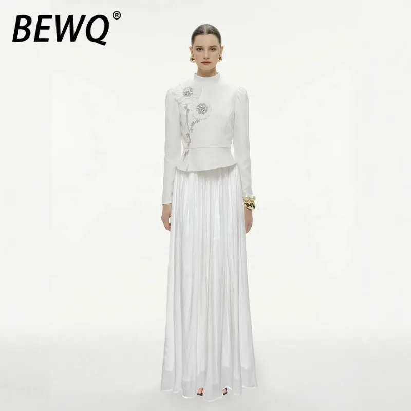 

BEWQ Fashion Women's 2 Pcs Set O-neck Long Sleeve Beading 3D Flower Tops Waist Pleated Loose skirt Evening Party 2026 Spring New