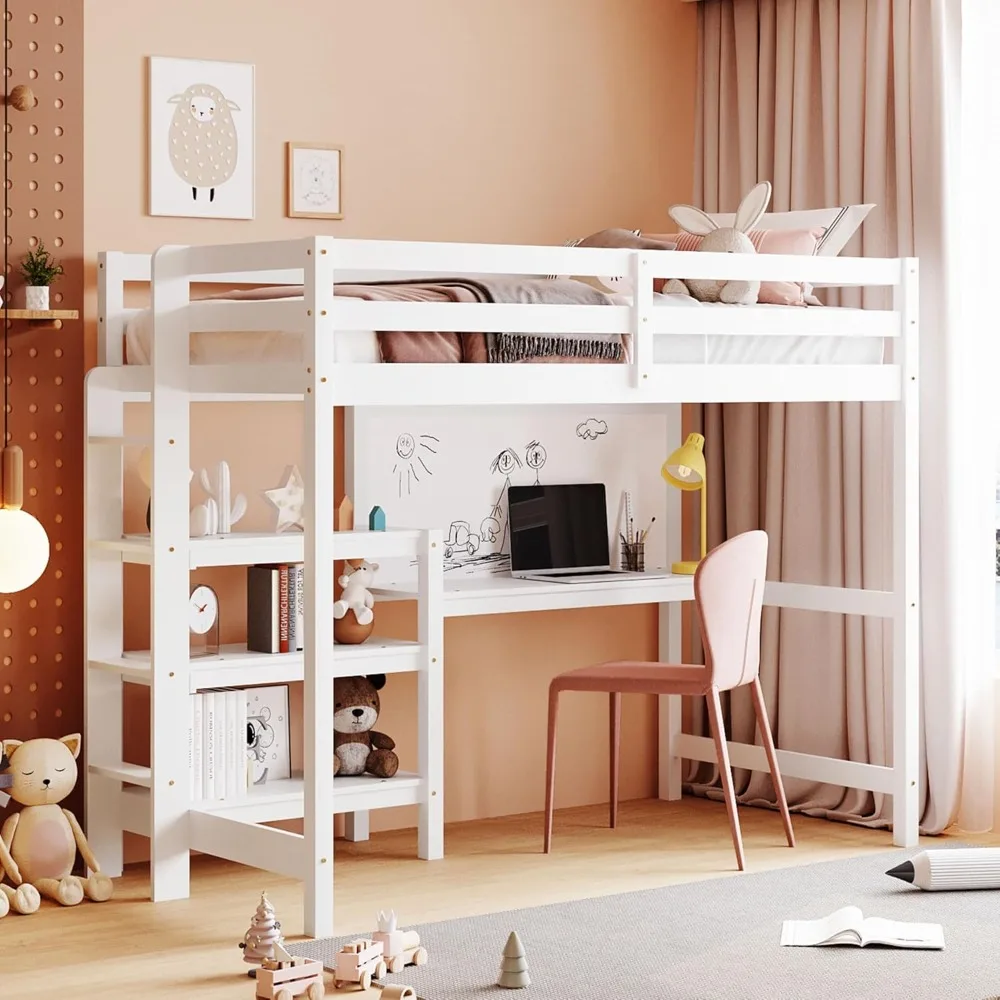 

Loft Bed with Desk Twin Size Loft Bed with 3-Storage Shelves, Under-Bed Desk and Writing Board, White