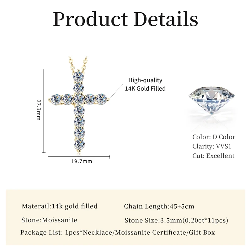 Lnngy 14K Gold Filled Kreuz-Anhänger-Halskette, zertifizierte 3,5 mm Voll-Moissanit-Halsketten für Damen, Labordiamant-Vintage-Schmuck – Detail 1