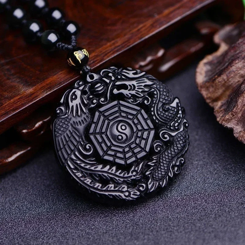 Naturalny czarny obsydian Smok Feniks Wisiorek Koraliki Naszyjnik Moda Urok Biżuteria Ręcznie rzeźbione Amulet Prezenty dla Niej Kobiety Mężczyźni — zdjęcie 4
