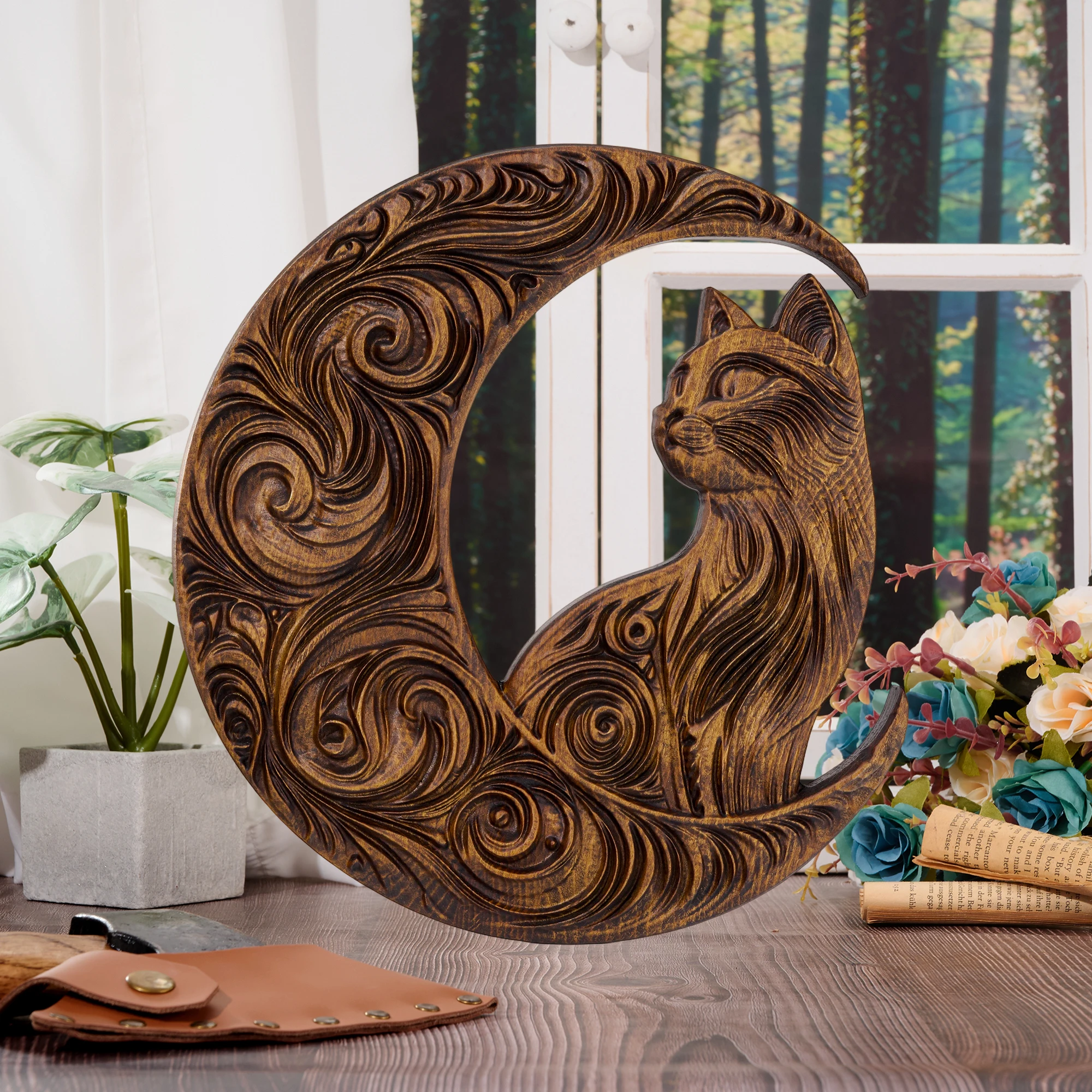Cat wood carving pendant ornament for home decoration. Made of oak wood.