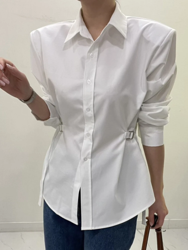 Women Minimalist Lace Up Single Breasted Shirt Solid Color Blouses 2024 Spring Autumn New Fashion Chic Long Sleeve Shirts