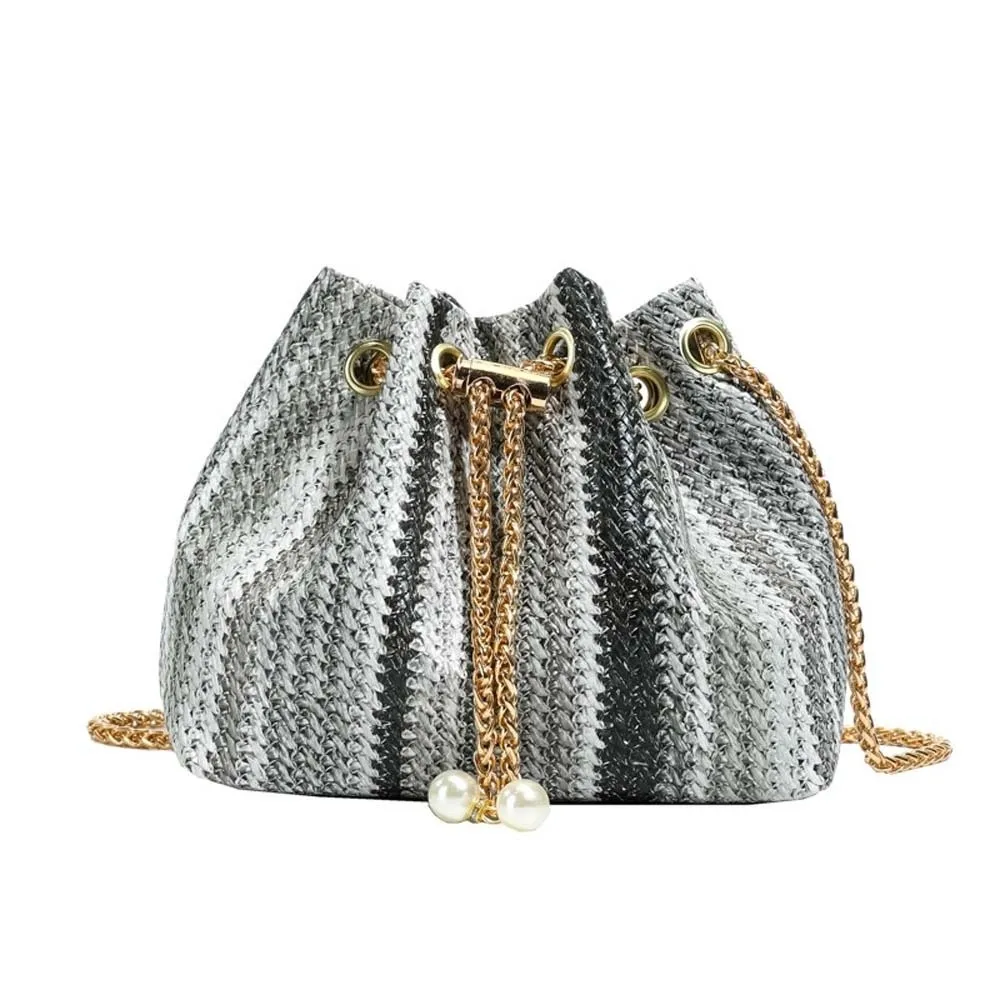 

Large Capacity Straw Woven Shoulder Pouch Rainbow Color Strips Leather Drawstring Chain Bucket Bag Anti-splash Water Lightweight