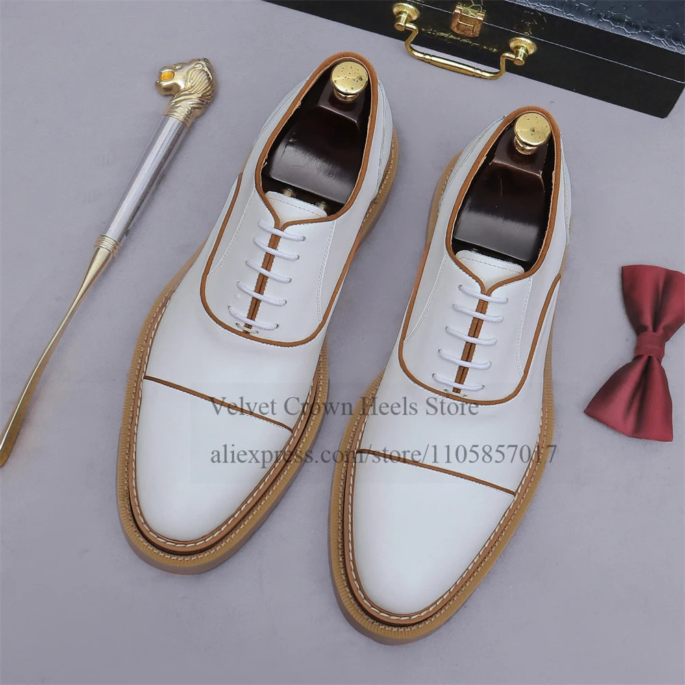 Contrast Stitching Leather Lace up Oxford Shoes Round Toe Thick Sole Men Formal Shoes Handmade Wedding Business Male Dress Shoes