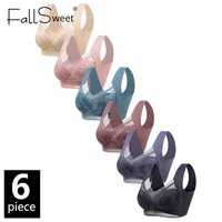 FallSweet, 6 uds., sujetadores de encaje de seda helada para mujer, Bralette Push Up inalámbrico, sujetador de talla grande con escote en V profundo, lencería suave, ropa interior para mamá