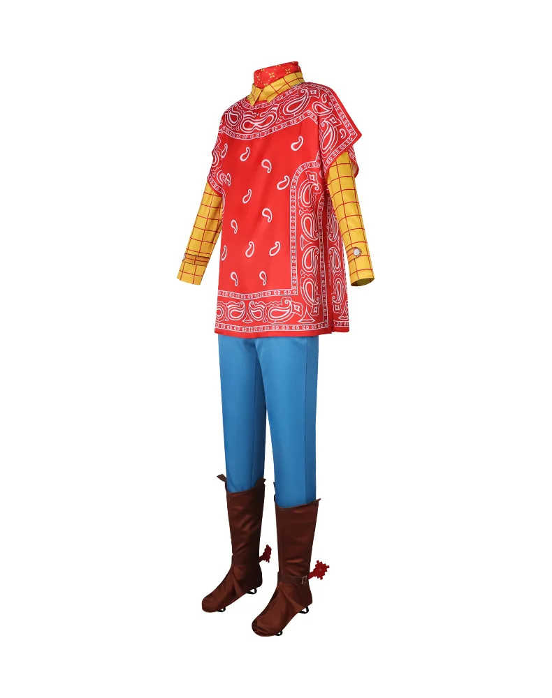 Sheriff Woody Cowboy Cosplay Costume with Red Bandana Paisley Poncho Yellow Plaid Shirt Pants Brown Boot Covers Full Set for Adu view 3