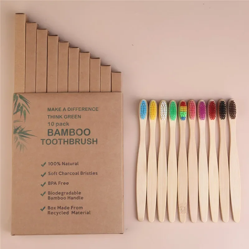 

10PCS mixed color bamboo toothbrush Eco Friendly wooden Tooth Brush Soft bristle Tip Charcoal adults oral care toothbrush