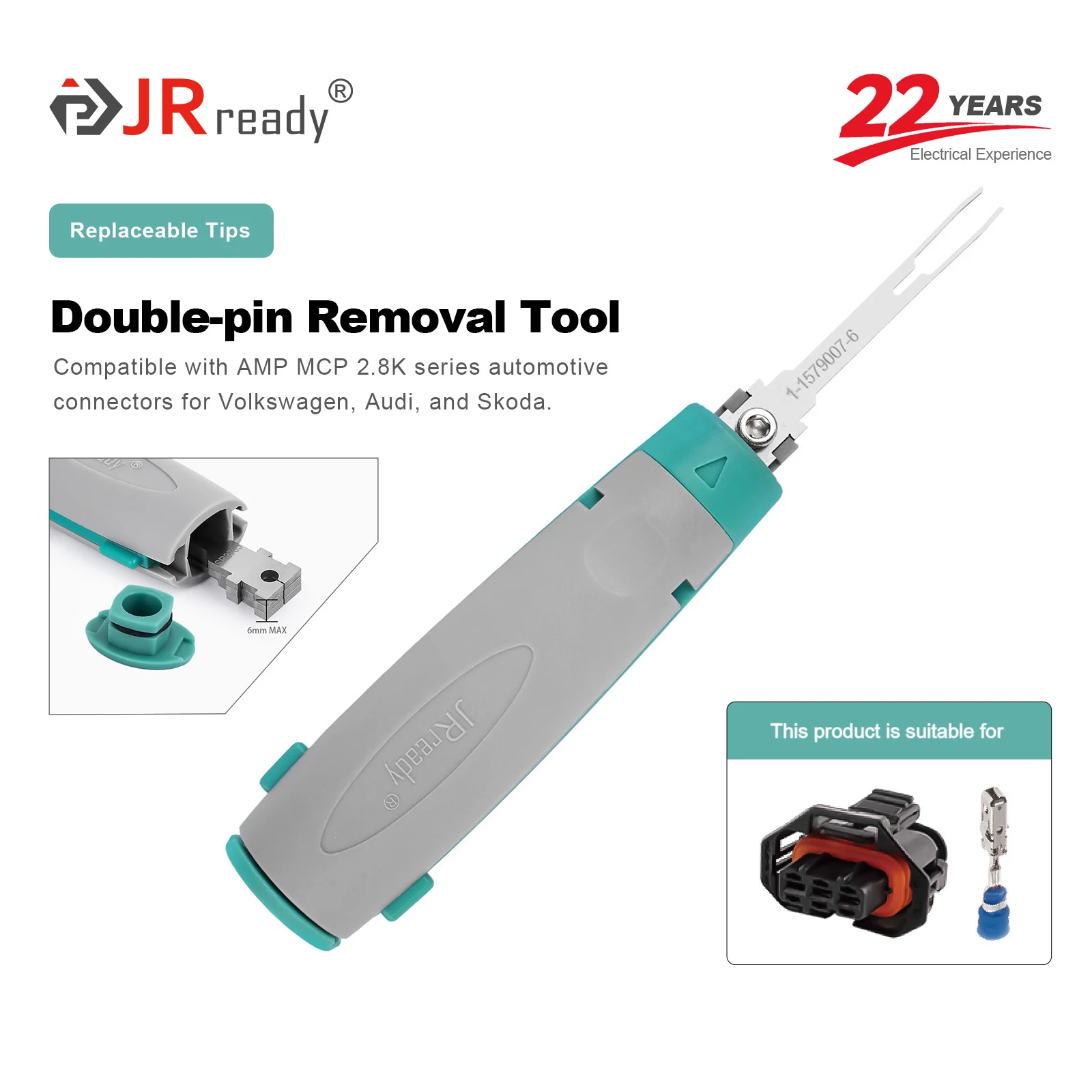 JRready JRconDRK-1-1579007-6 Herramienta de extracción de terminales de doble pin para conectores AMP MCP 2.8k Series en VW, Audi, Skoda Automotive
