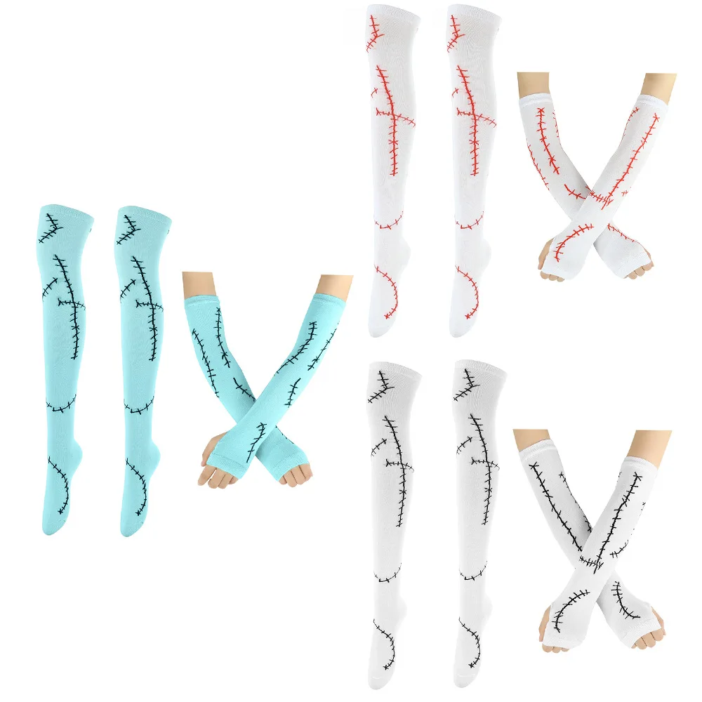 2pcs Movie Halloween Sally Cosplay Stockings Gloves Adult Women's Full Set Socks Oversleeves Costume Accessories Carnival Props