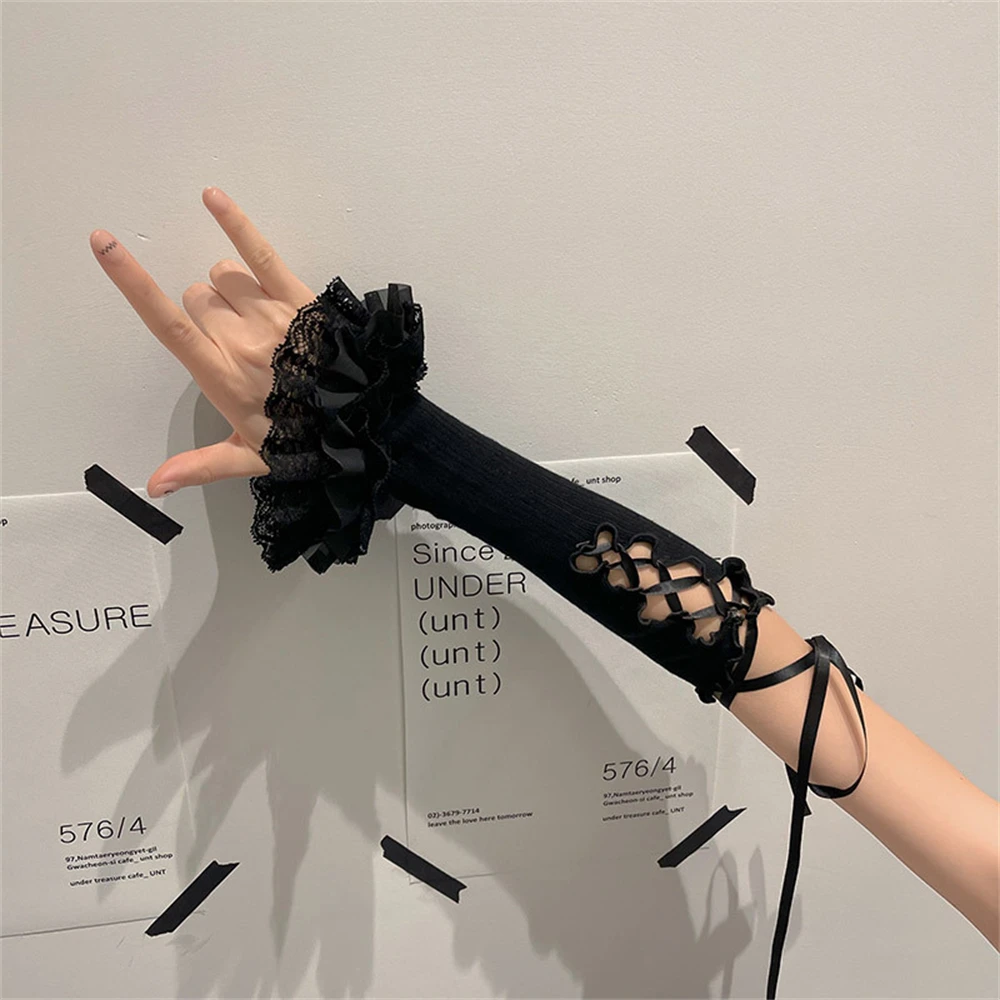 Japanese Ballet Strap Lace Arm Sleeve Women's Sexy Lolita Gloves Y2K Thin Summer Sunscreen Gloves Elegant Punk Mittens Cosplay