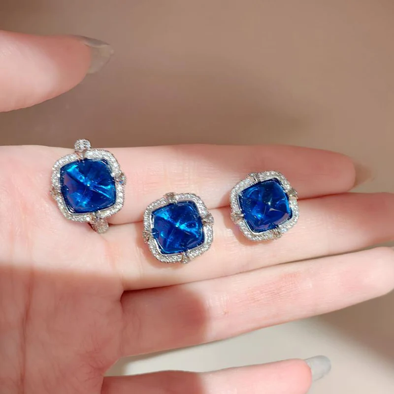 Fashionable Crystal Blue Tower Ring Light Luxury Geometry Earrings High Grade High Carbon Zircon Jewelry Set For Women KOFSAC