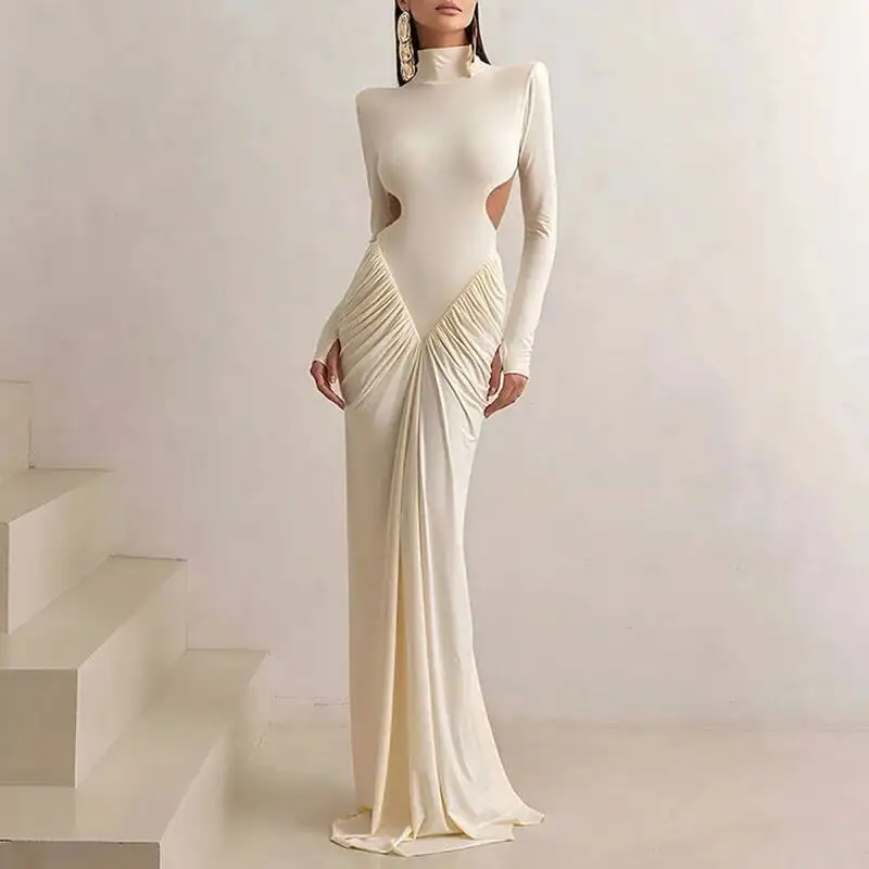 

Весеннее сексуальное драпированное вечернее женское модное платье с высокой талией, тонкое макси-осеннее платье русалки с длинными рукавами и открытой спиной