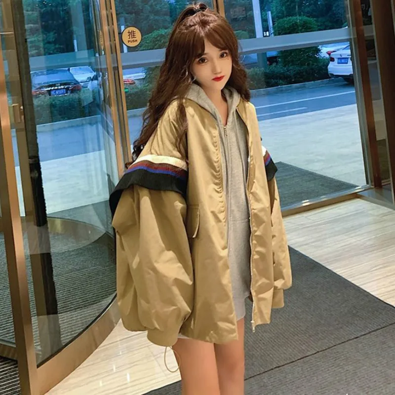 

Women's Retro Jacket Basic Thick Long-sleeved Jacket Autumn Loose Patchwork Korean Zipper Casual Streetwear Bf Ulzzang Style