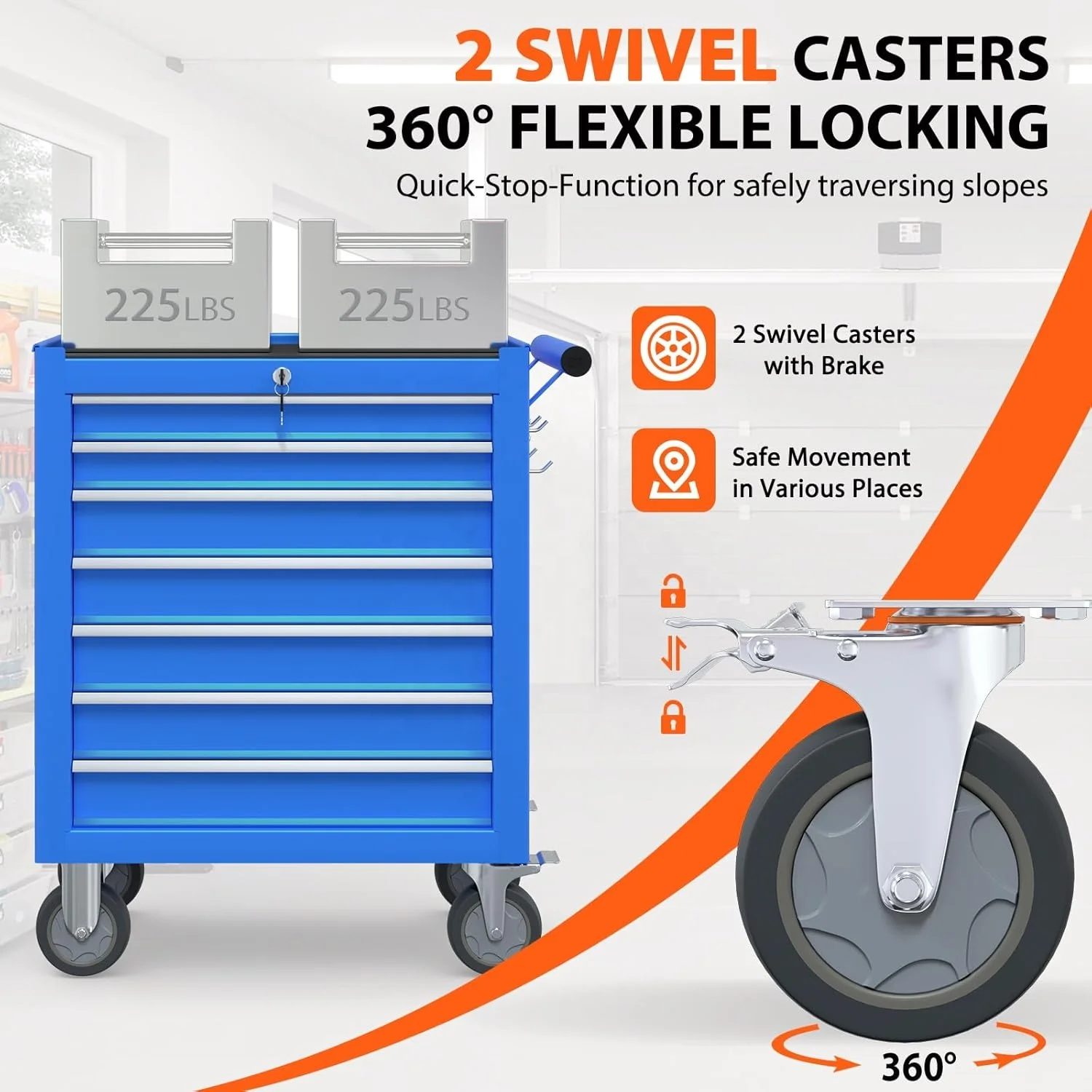 PULAGE 7-Drawer صندوق أدوات الصدر المحمول مع عجلات، خزانة تخزين الأدوات المحمولة للمرآب، ورشة العمل باللون الأزرق